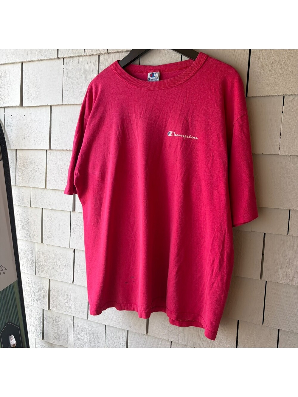Vintage Champion Script Tee XL Pink USA Boxy Blue Bar 90s